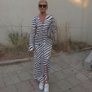 Zebra Print Midi Black Cream Viscose Dress H&M New
